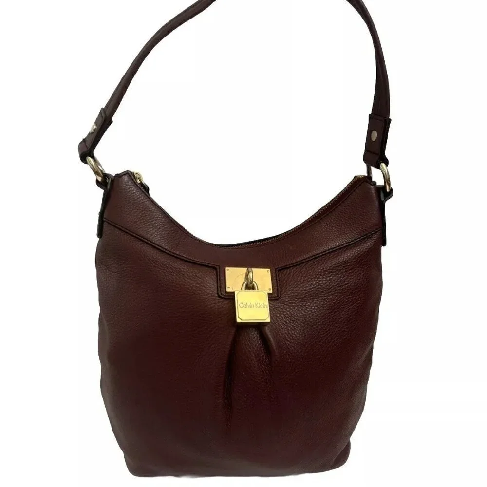 Calvin Klein Handbag Leather Satchel Burgundy Wine Shoulder Bag Tote Purse Fully